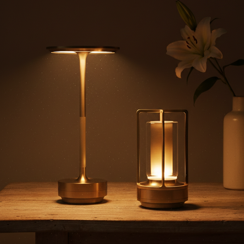 Two gold table lamps on a wooden surface with a vase and flower in the background.
